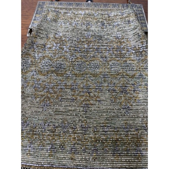 Vintage Bead Bag Carved Metal Frame Purse Silver Fringe Art Deco Handbag Antique - Picture 3 of 10